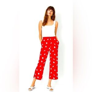 Ann Taylor Wide Leg Crop Red with White Embroidered Leaf Patterns Pants Size 6